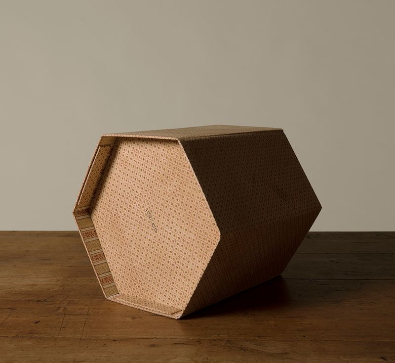 BLOCK PRINTED DOT & GRID HEXAGON COLLAPSIBLE BASKET IN OCHER