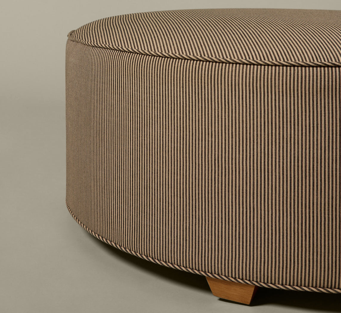 PIERCE & WARD CIRCLE OTTOMAN IN ESSEX STRIPE