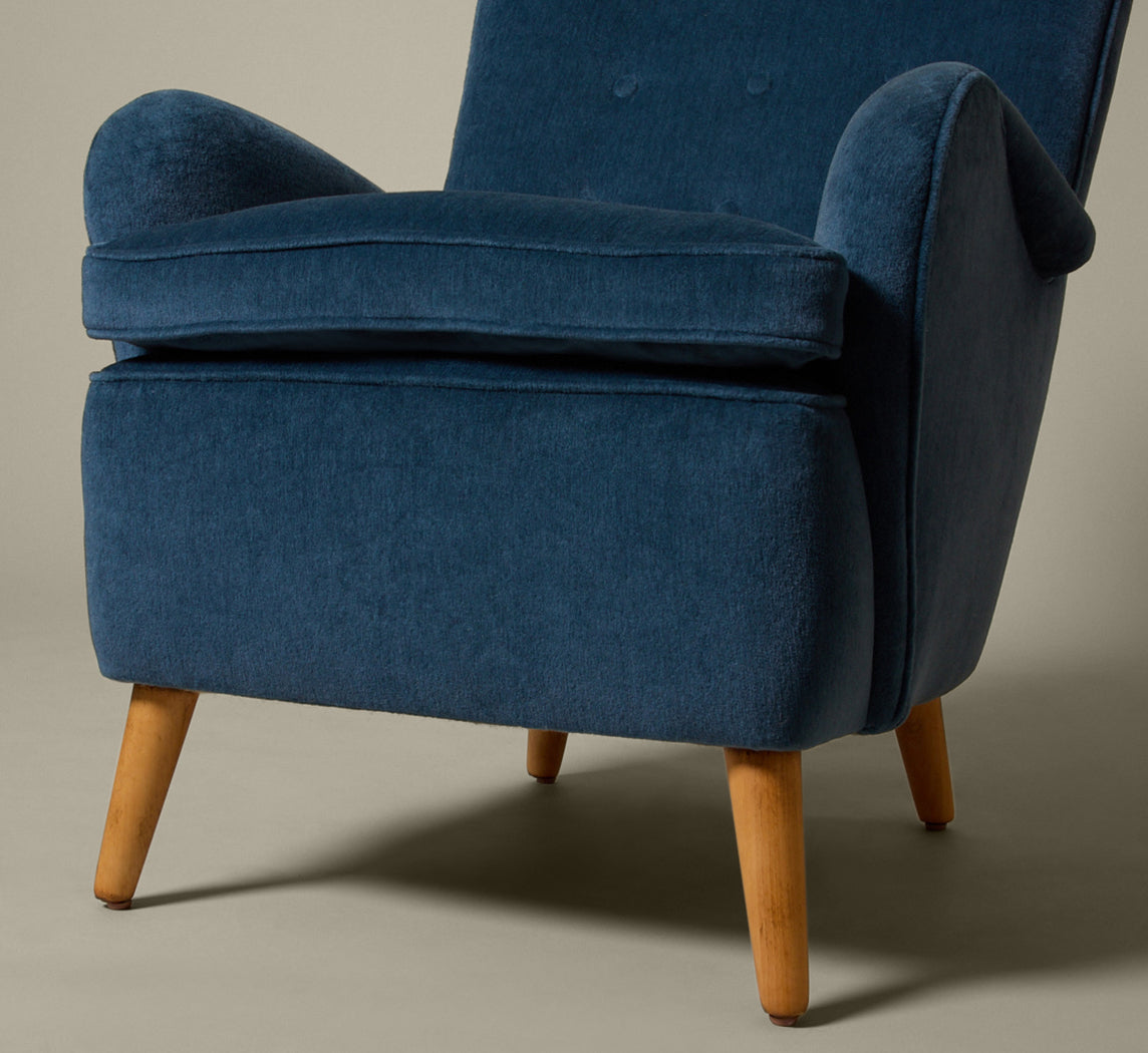 VINTAGE SWEDISH HIGHBACK CHAIR IN BLUE MOHAIR