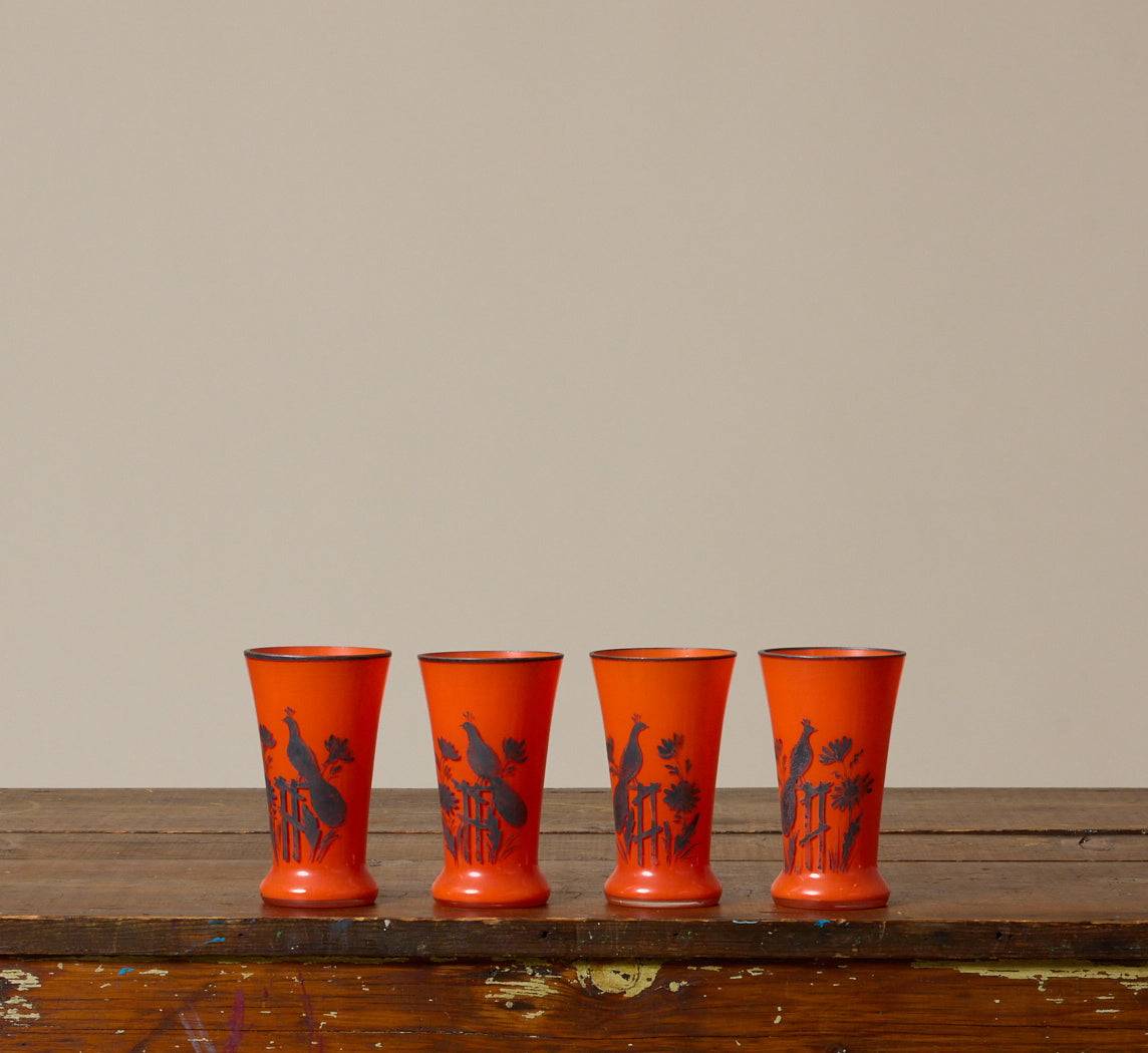 SET OF 4 1920S PEACOCK ON FENCE HIGHBALL TANGO GLASSES