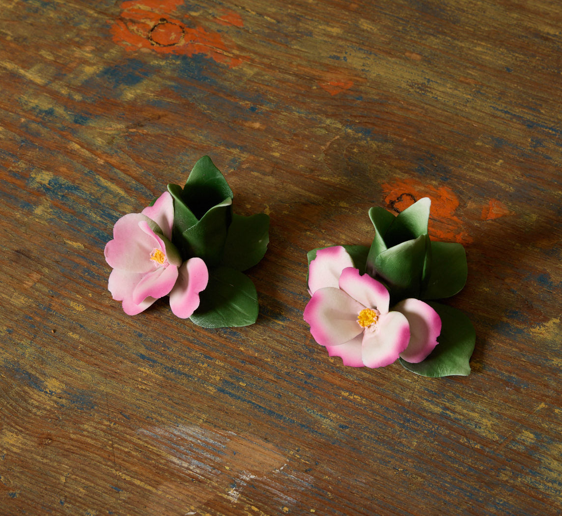 PAIR OF VINTAGE ITALIAN PORCELAIN PINK FLOWER CANDLESTICK HOLDERS