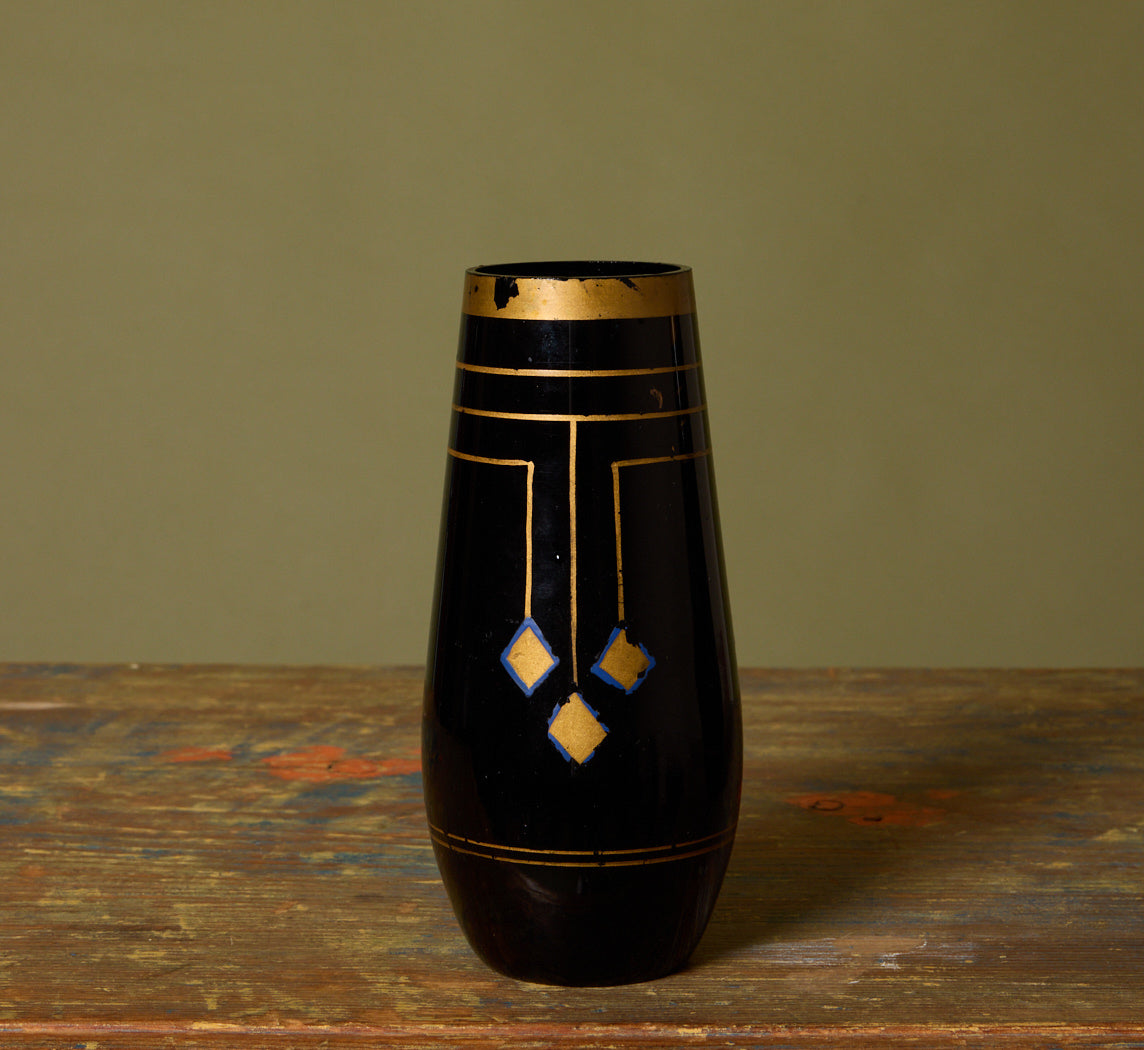 PAIR OF ART NOUVEAU BLACK & GOLD GLASS VASES