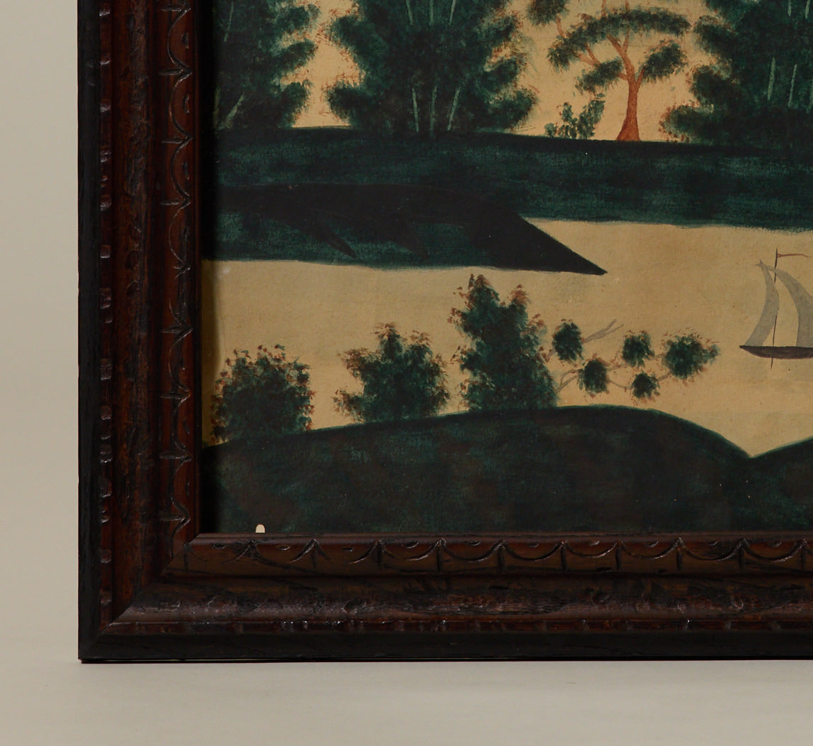 19TH CENTURY AMERICAN FOLK ART HUDSON RIVER SCENE IN WATERCOLOR