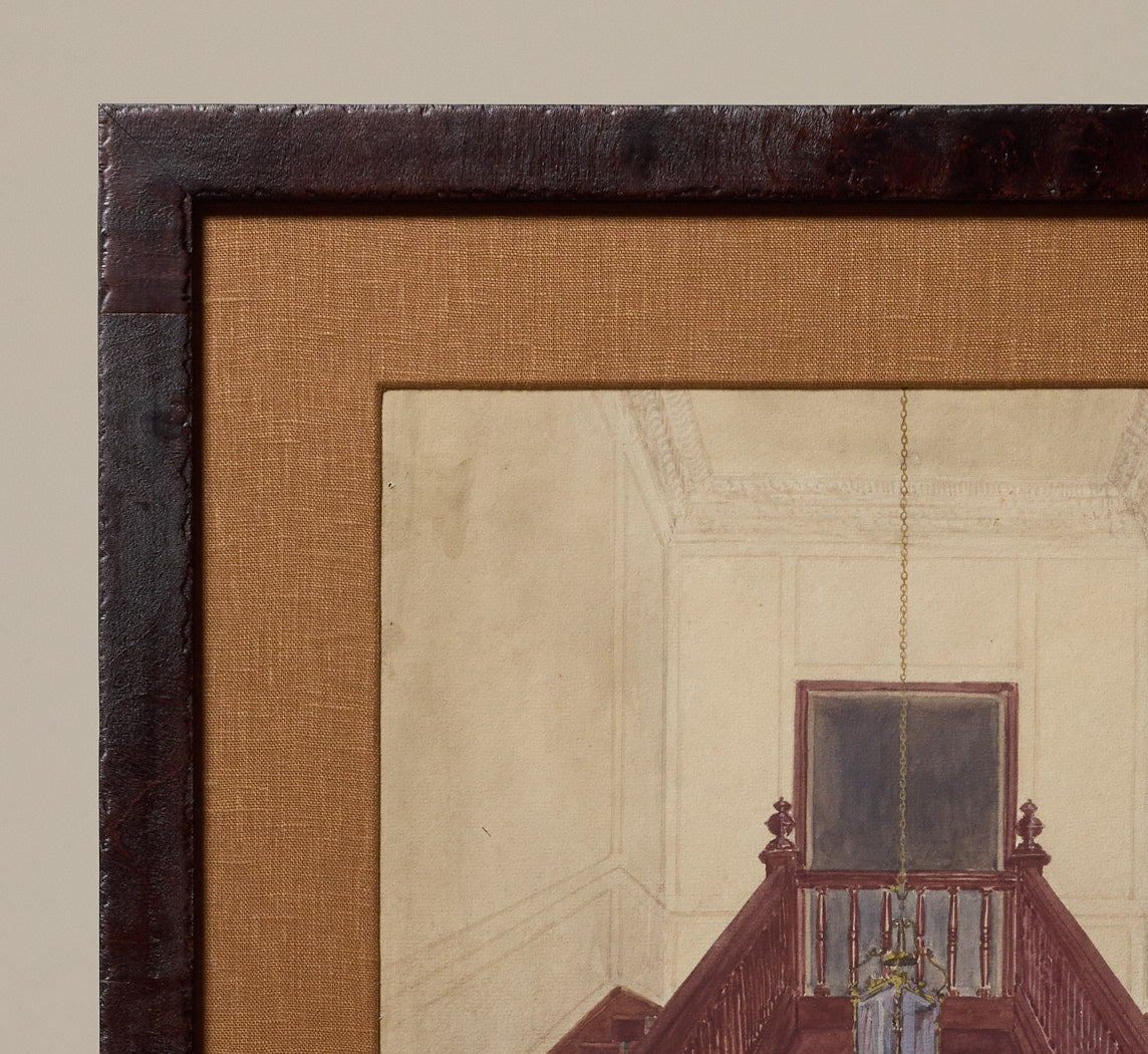 1930S EUROPEAN SCHOOL GOUACHE STAIRWAY SCENE