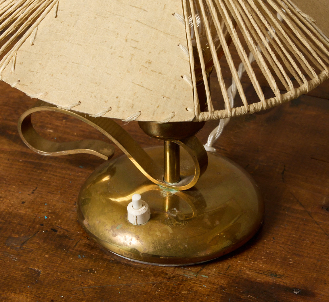 PAIR OF 1950S ITALIAN BRASS DESK LAMPS WITH OPEN WEAVE SHADES