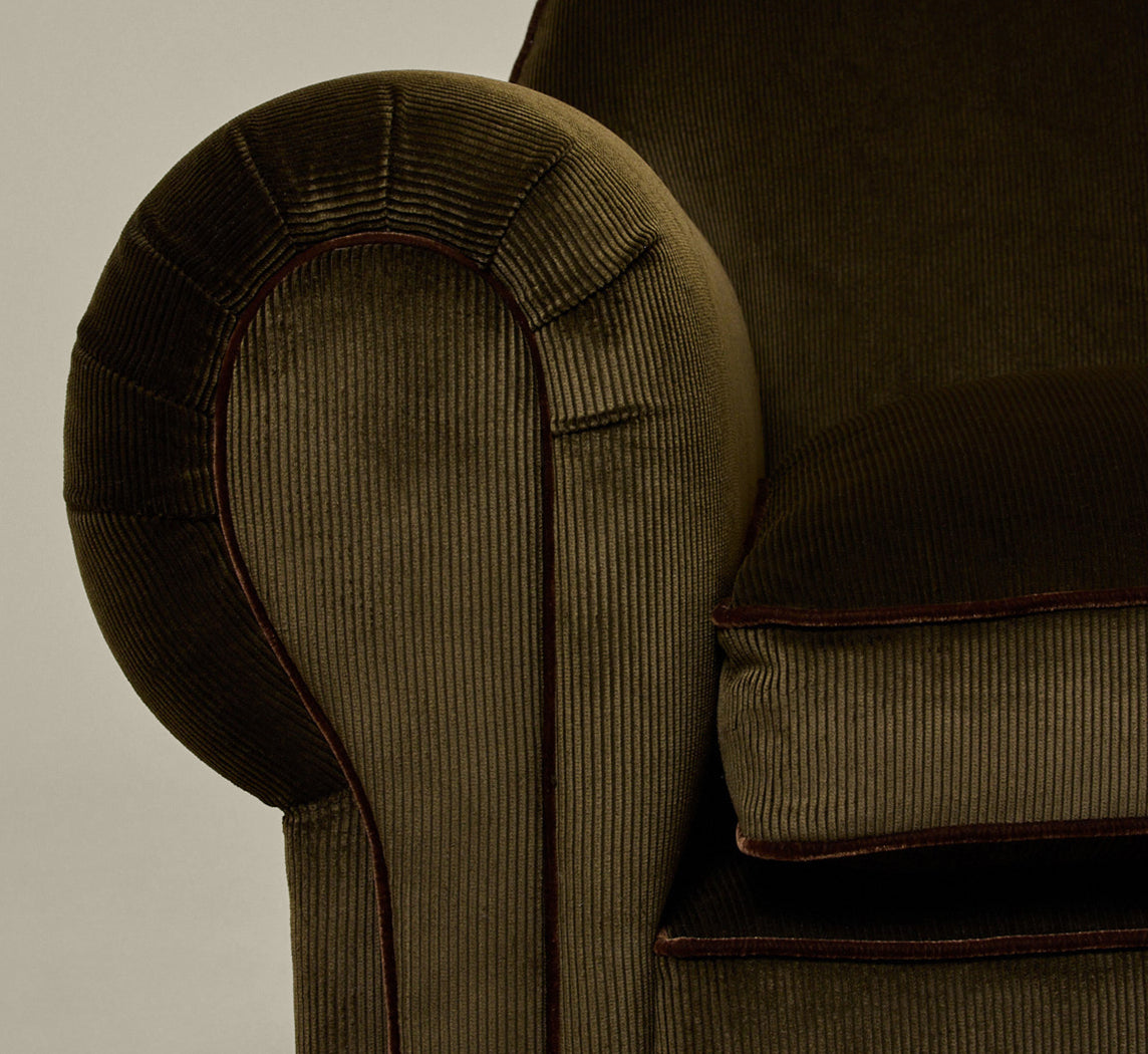 PIERCE & WARD LUCKY CHAIR IN CORDUROY WITH VELVET TRIM