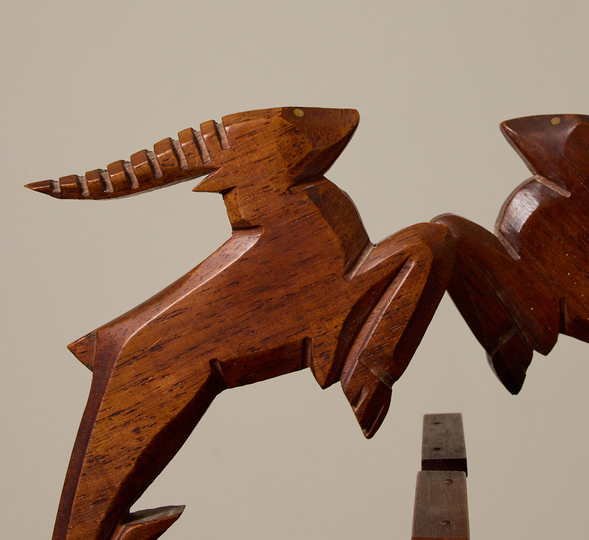 FRENCH ART DECO CARVED WOOD BOOKENDS WITH ANTELOPES