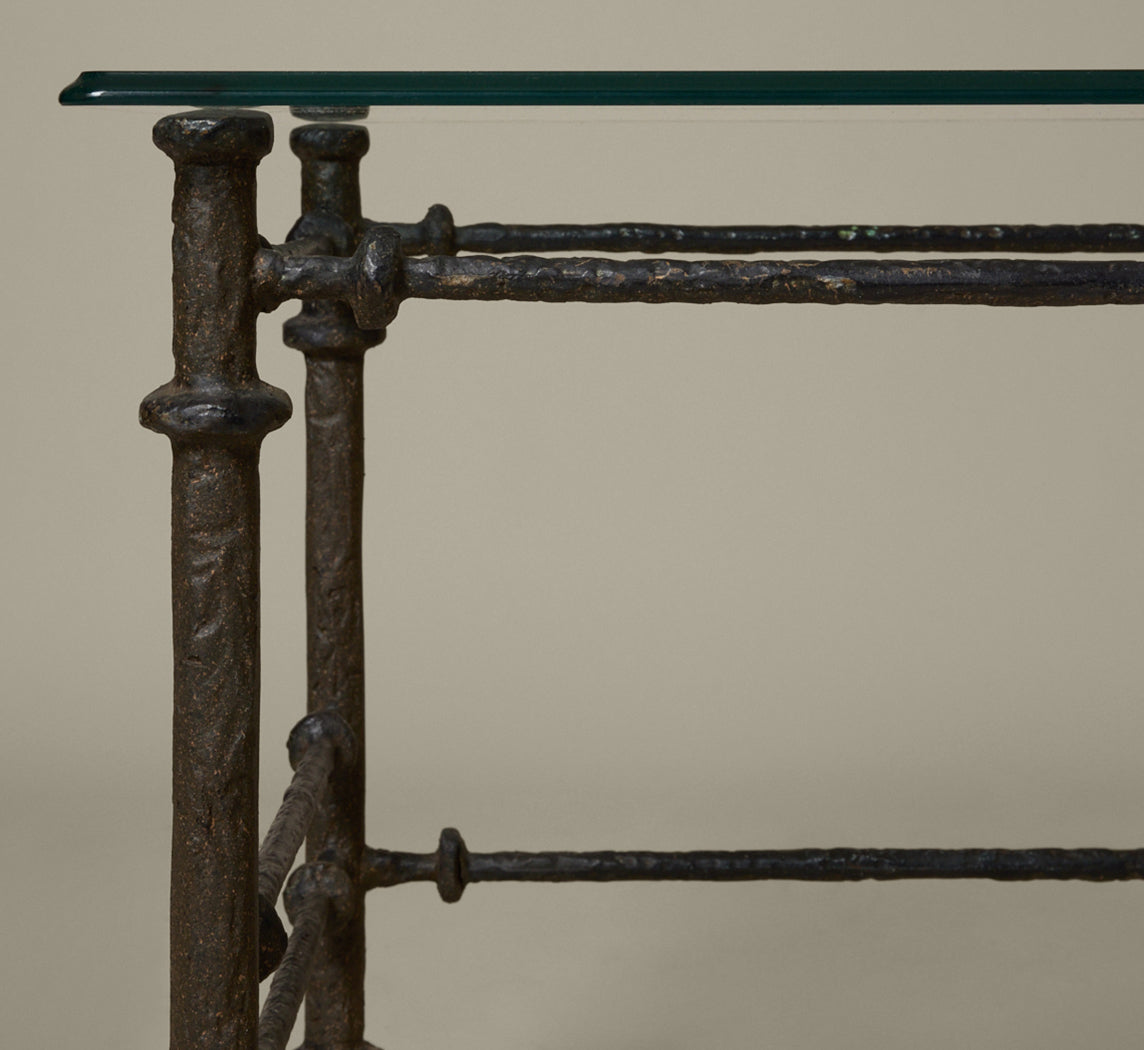 BRUTALIST IRON SIDE TABLE WITH GLASS TOP