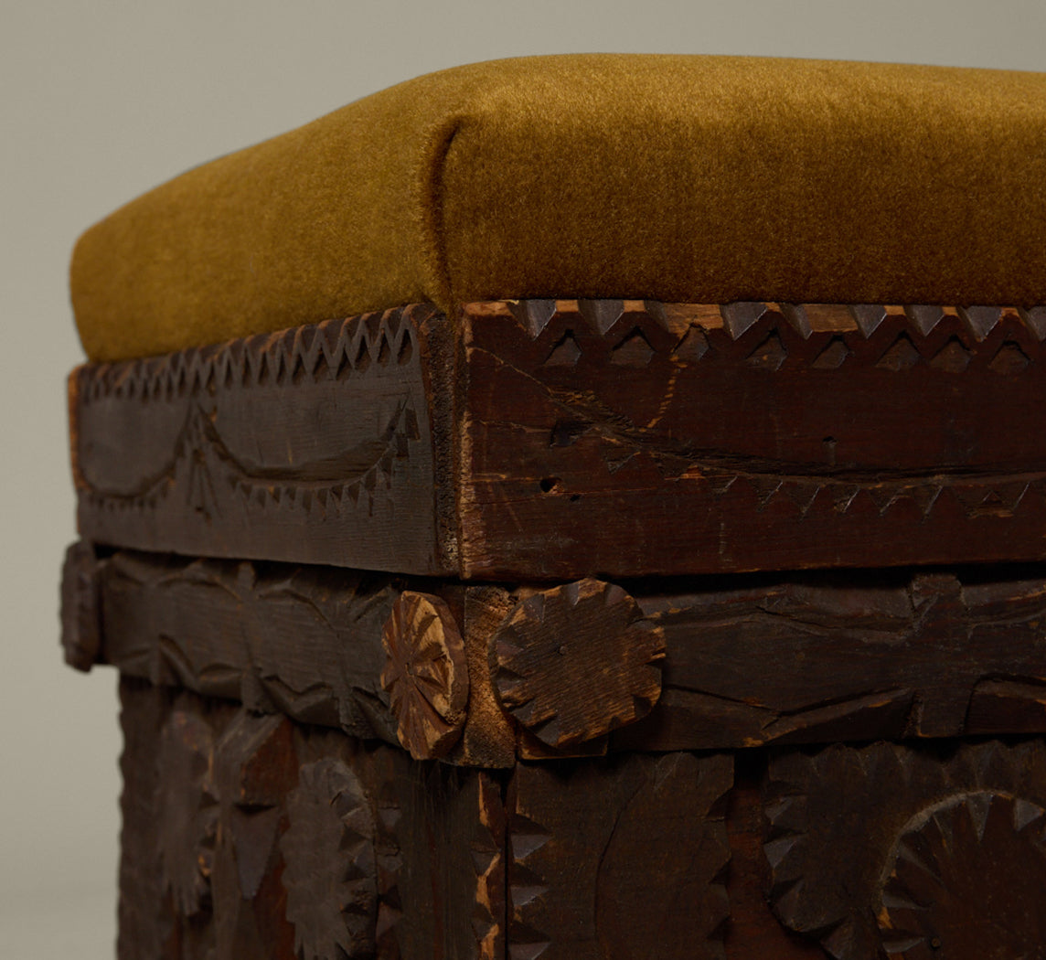 ANTIQUE TRAMP ART UPHOLSTERED FOOTSTOOL