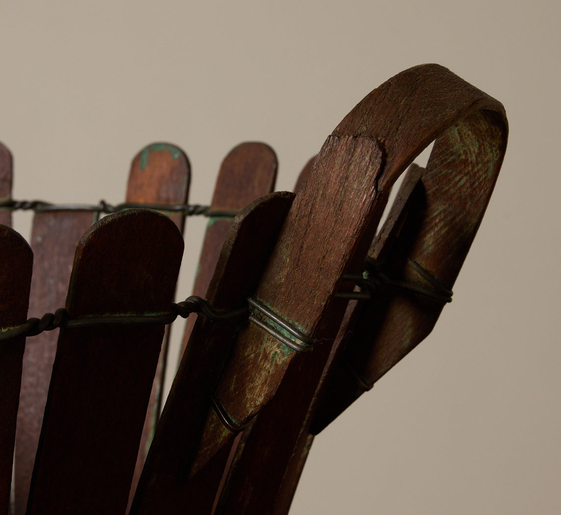 ANTIQUE SLATTED WOOD BASKET WITH HANDLES
