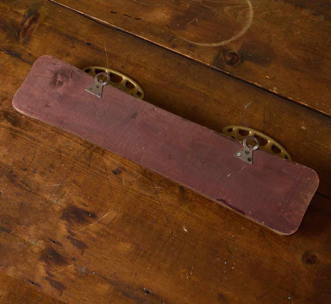 1950S ITALIAN WOOD & RED ENAMEL BRASS WALL COAT RACK