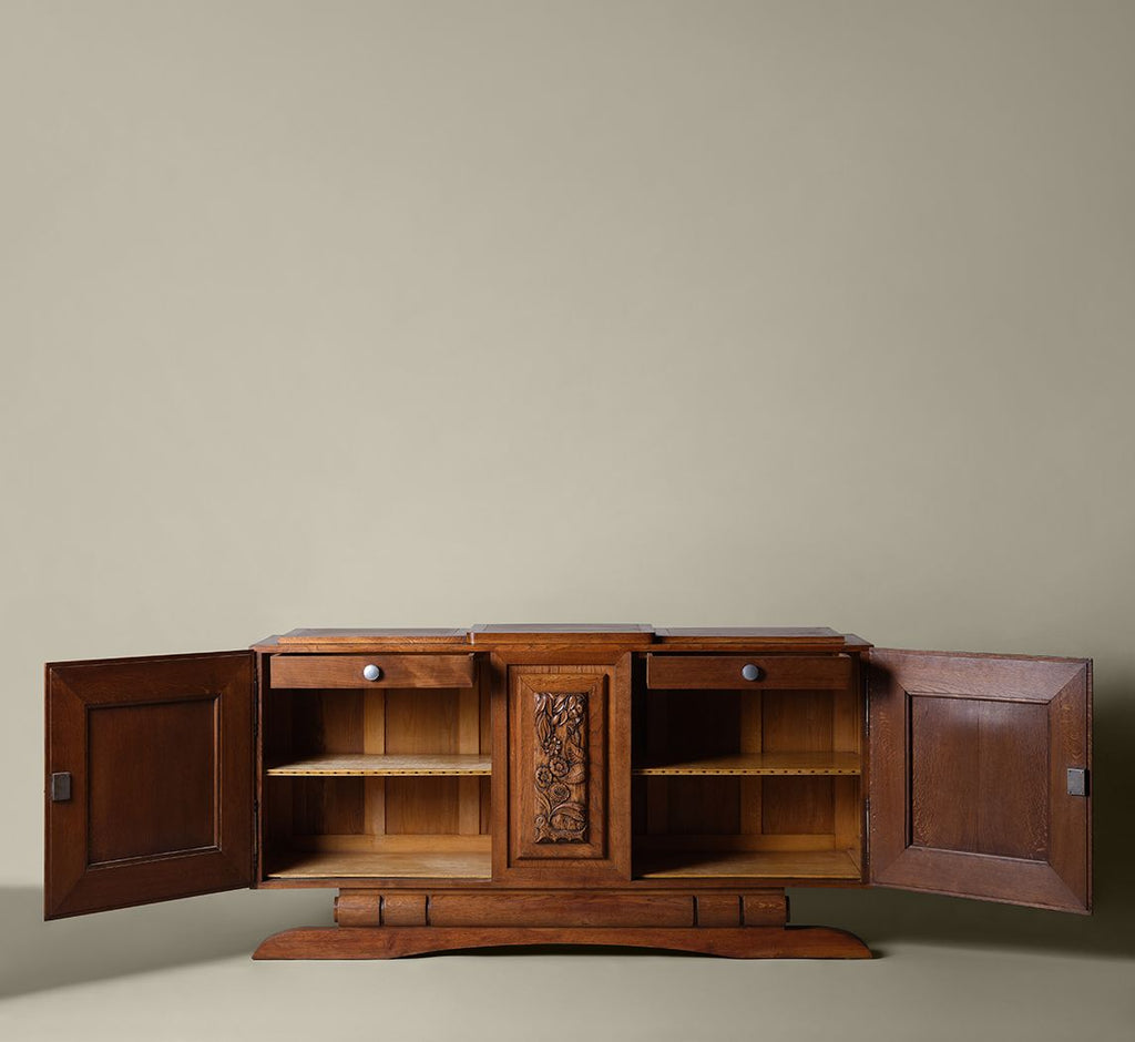 1940'S GEOMETRIC FRENCH OAK SIDEBOARD IN THE STYLE OF CHARLES DUDOUYT