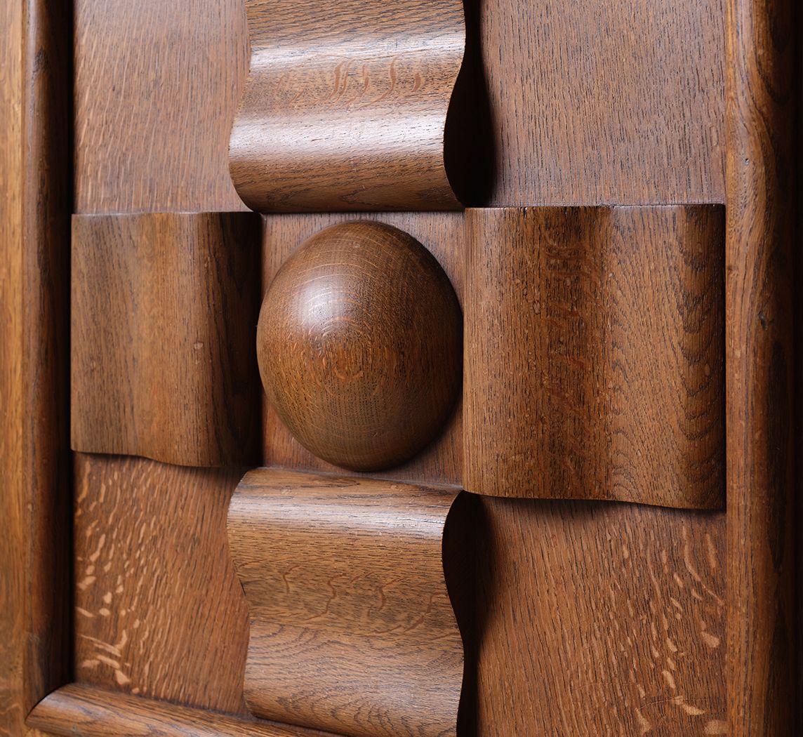 1940'S GEOMETRIC FRENCH OAK SIDEBOARD IN THE STYLE OF CHARLES DUDOUYT