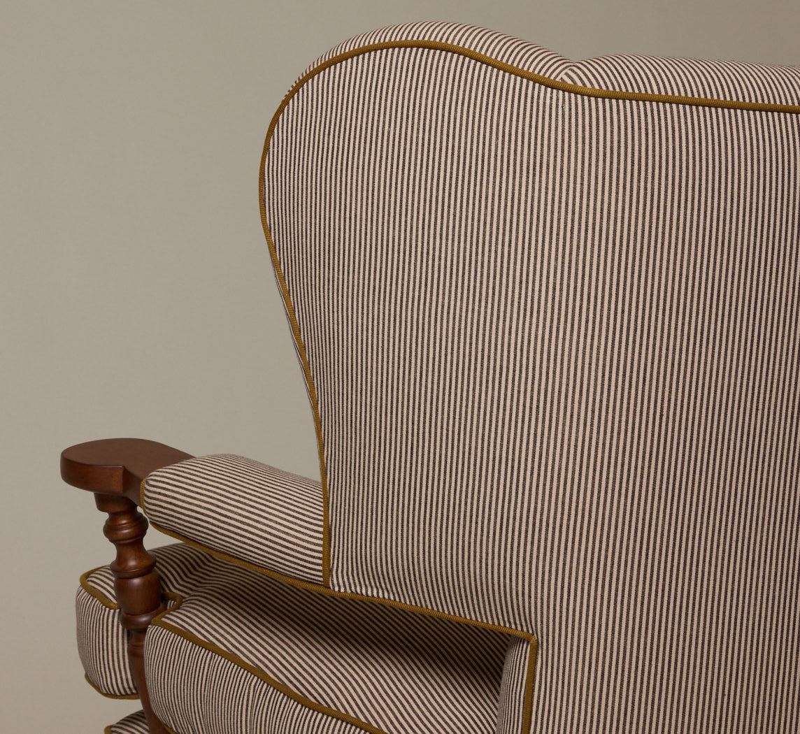 THE PIERCE & WARD BALLERINA CHAIR IN ESSEX STRIPE WITH MUSTARD OLIVE PIPING