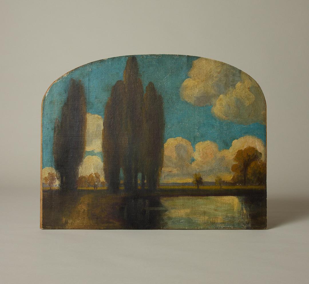 ANTIQUE CUT CANVAS ON BOARD OF LAKESIDE LANDSCAPE