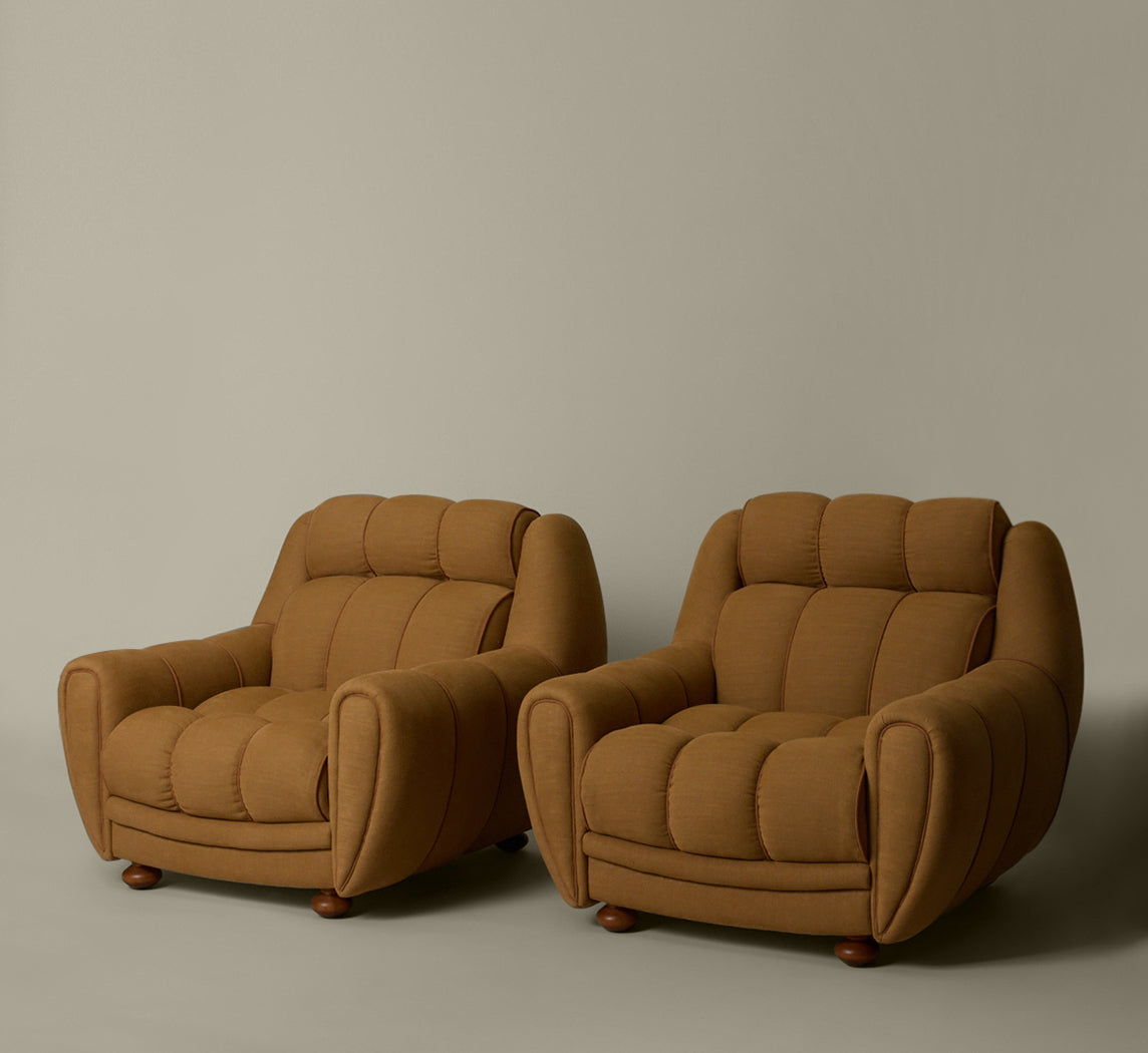 PAIR OF 196OS ITALIAN CLUB CHAIRS IN TURMERIC LINEN