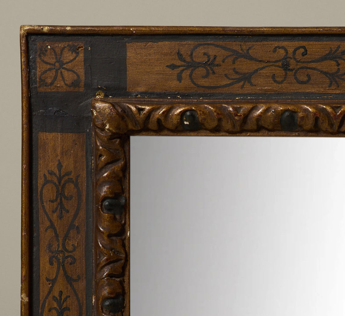 ANTIQUE HAND CARVED AND PAINTED SPANISH FRAME WITH BEVELED MIRROR