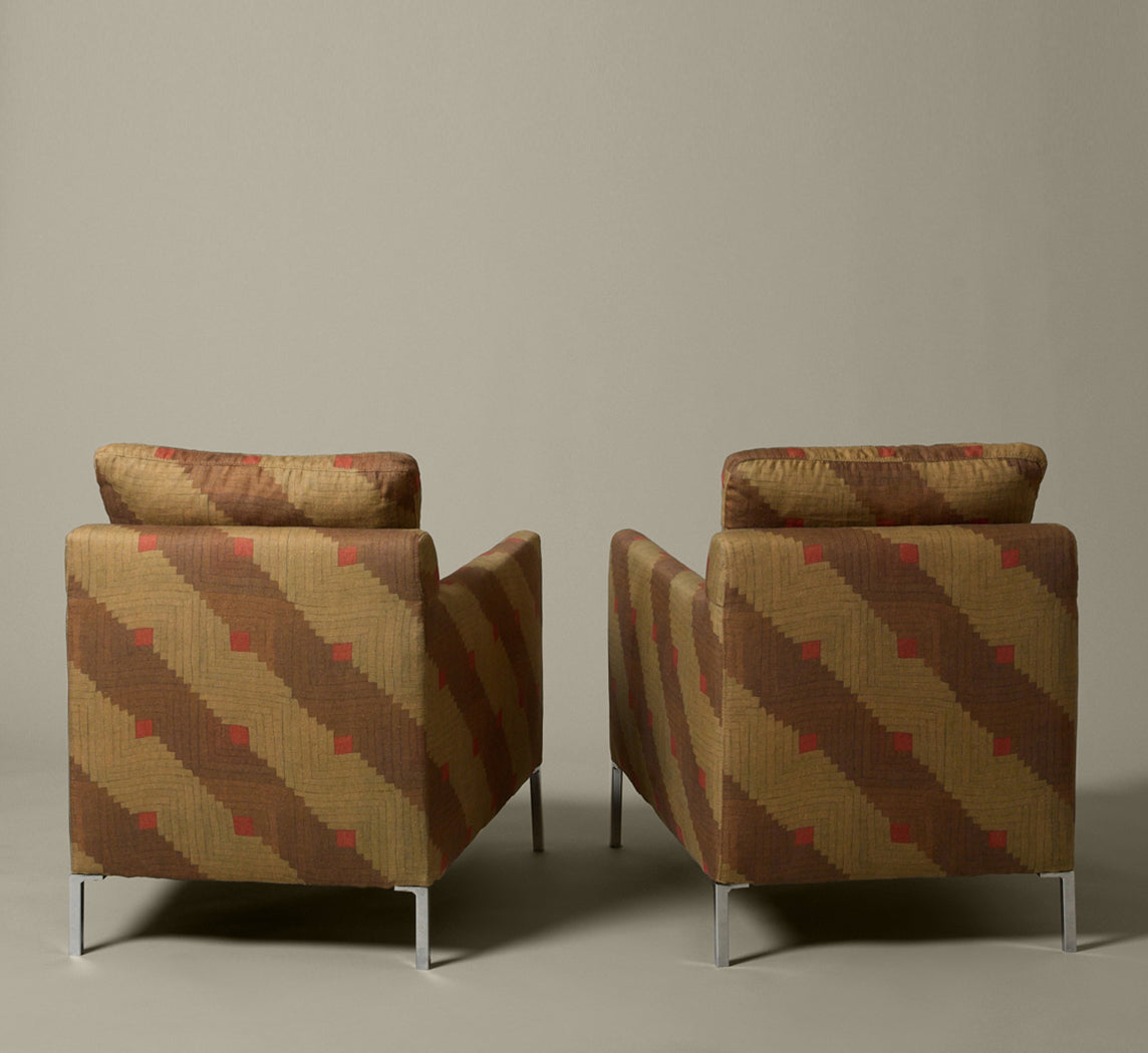 VINTAGE B&B ITALIA ARM CHAIRS WITH CHROME LEGS IN PIERCE & WARD QUILT LINEN
