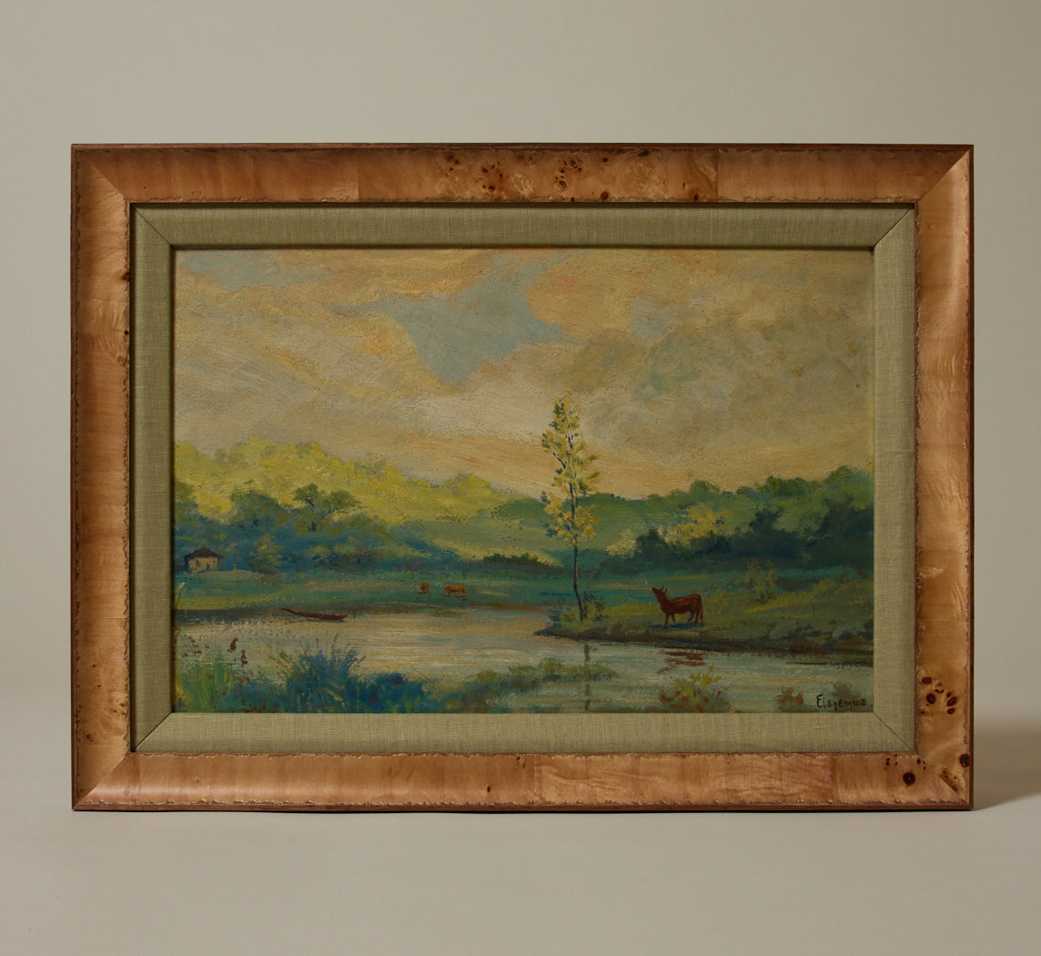 LANDSCAPE OF RIVERBANK WITH COWS BY LOUIS EILSHEMIUS M(1864-1941)