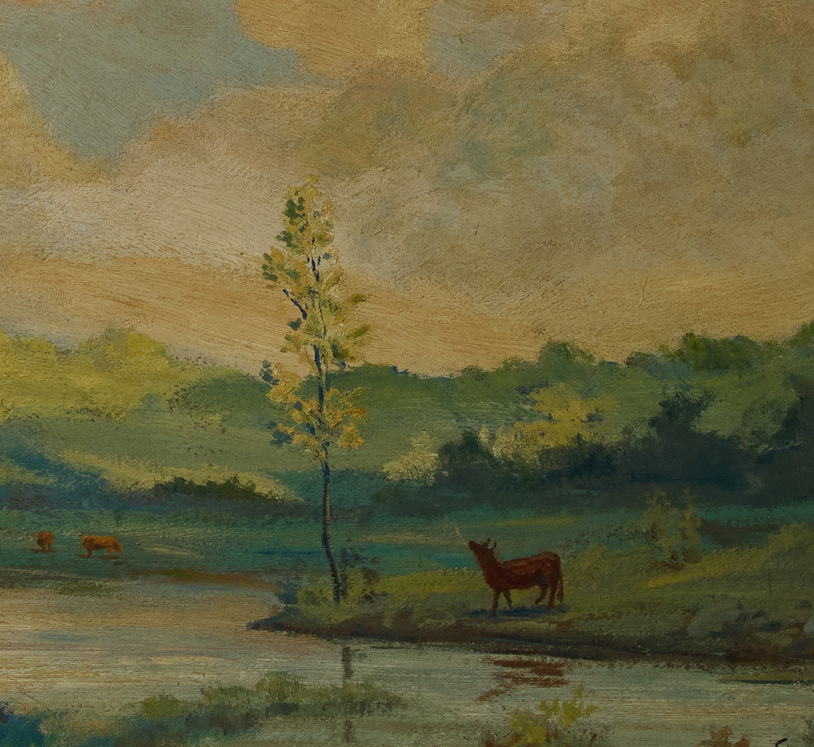LANDSCAPE OF RIVERBANK WITH COWS BY LOUIS EILSHEMIUS M(1864-1941)