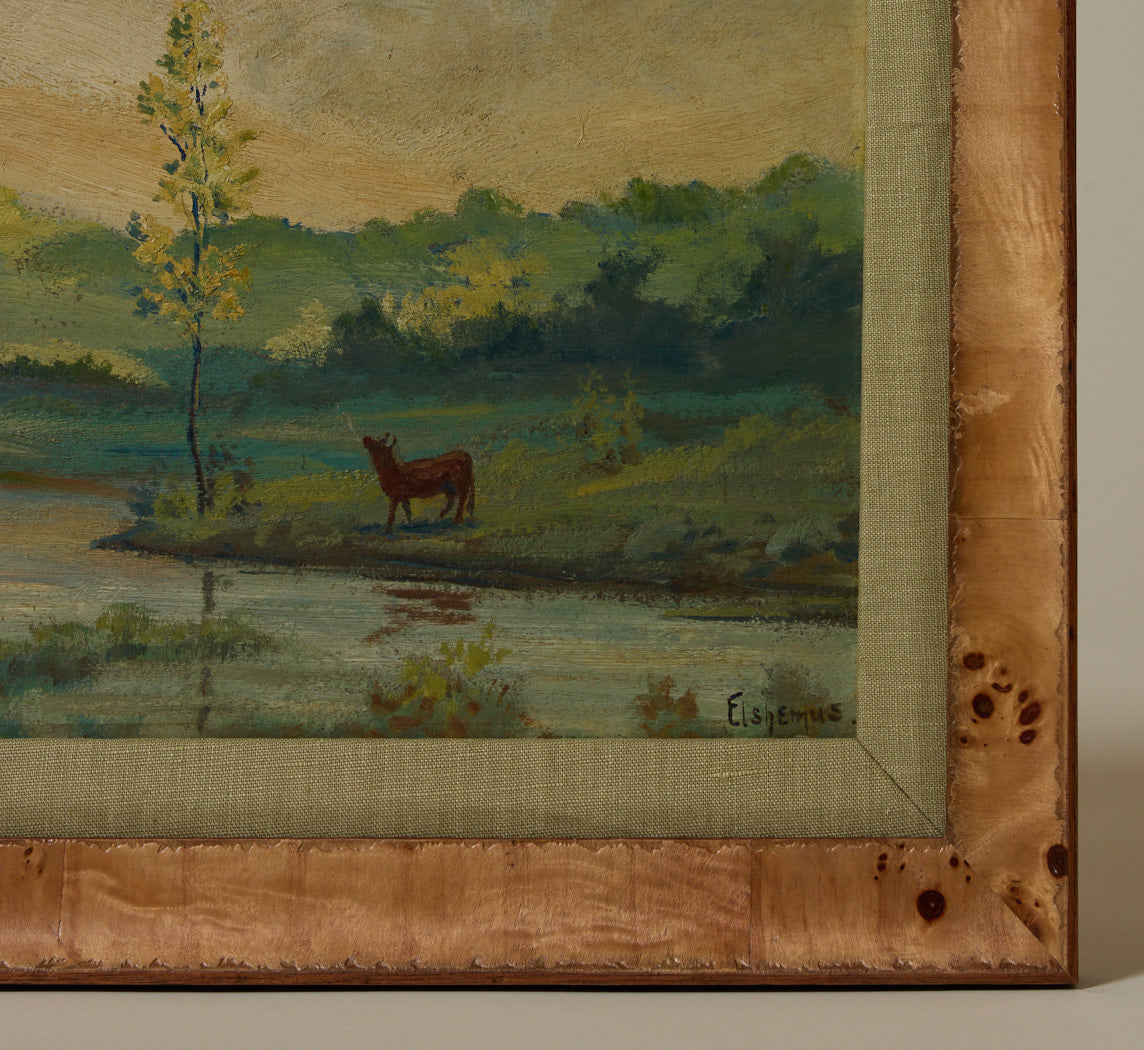 LANDSCAPE OF RIVERBANK WITH COWS BY LOUIS EILSHEMIUS M(1864-1941)