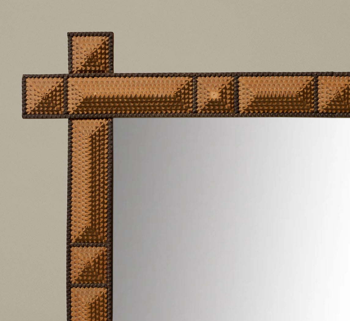 19TH CENTURY TRAMP ART WALL MIRROR WITH BLACK TRIM