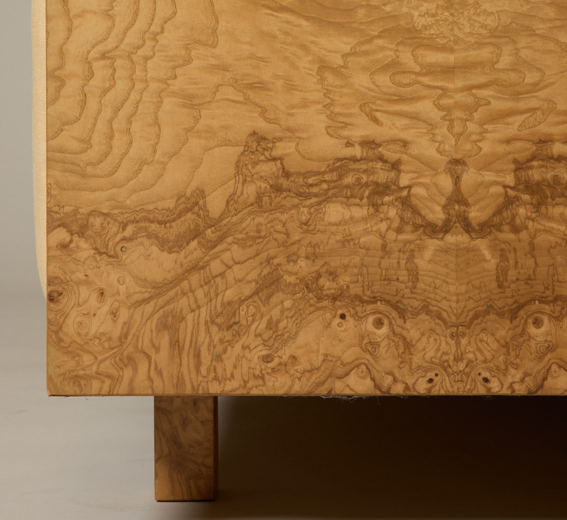 ASH BURL FRAME SOFA IN THE STYLE OF MILO BAUGHMAN WITH GOLDEN HOUR LINEN