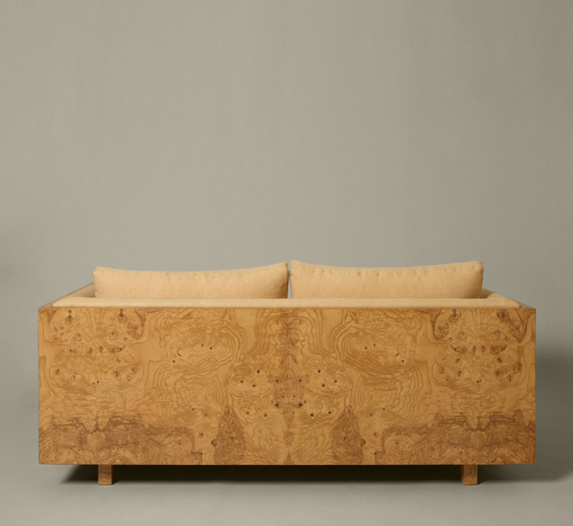 ASH BURL FRAME SOFA IN THE STYLE OF MILO BAUGHMAN WITH GOLDEN HOUR LINEN