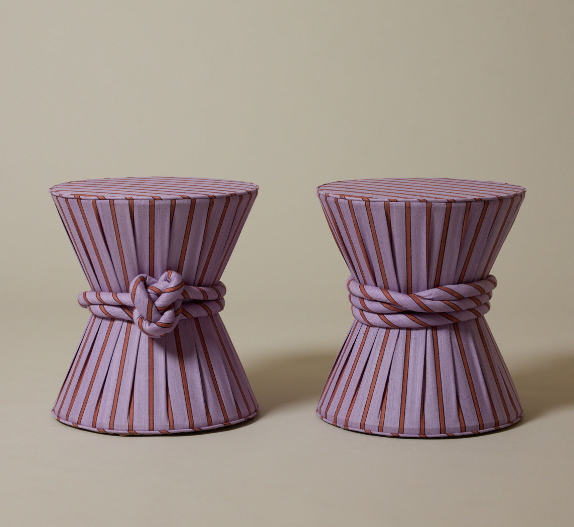 PIERCE & WARD ANAIS DRUM SIDE TABLE IN RAW SILK STRIPE