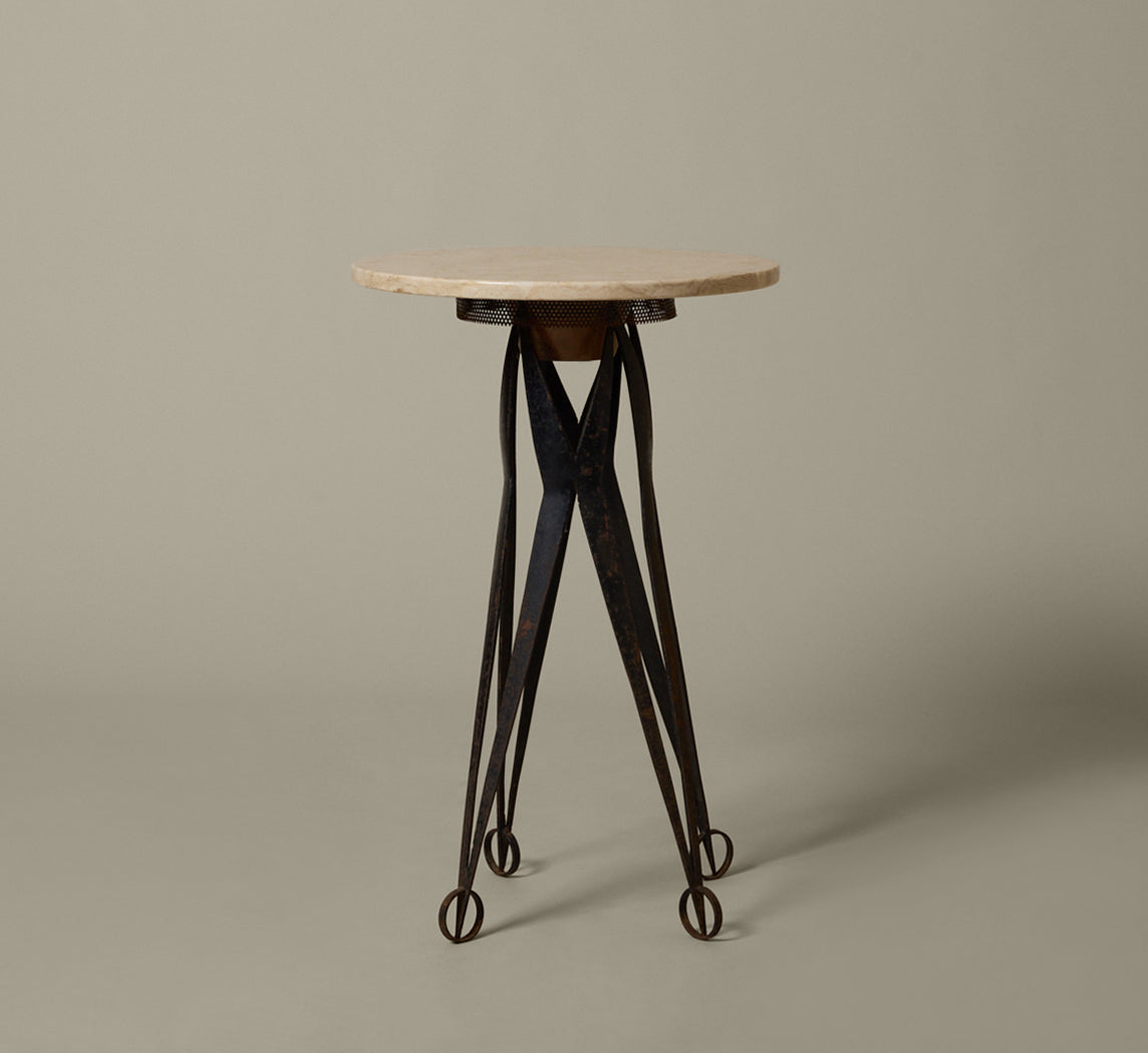 MID-CENTURY TRAVERTINE SIDE TABLE WITH IRON LEGS