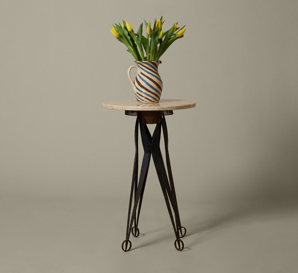 MID-CENTURY TRAVERTINE SIDE TABLE WITH IRON LEGS