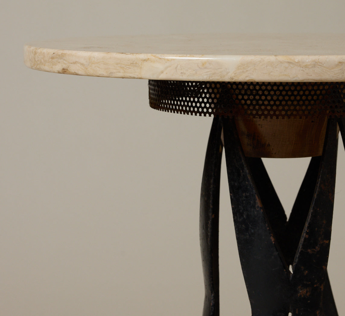 MID-CENTURY TRAVERTINE SIDE TABLE WITH IRON LEGS
