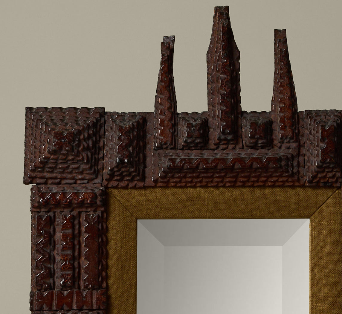 TRAMP ART MIRROR WITH SPIRES AND SEAWEED MAT