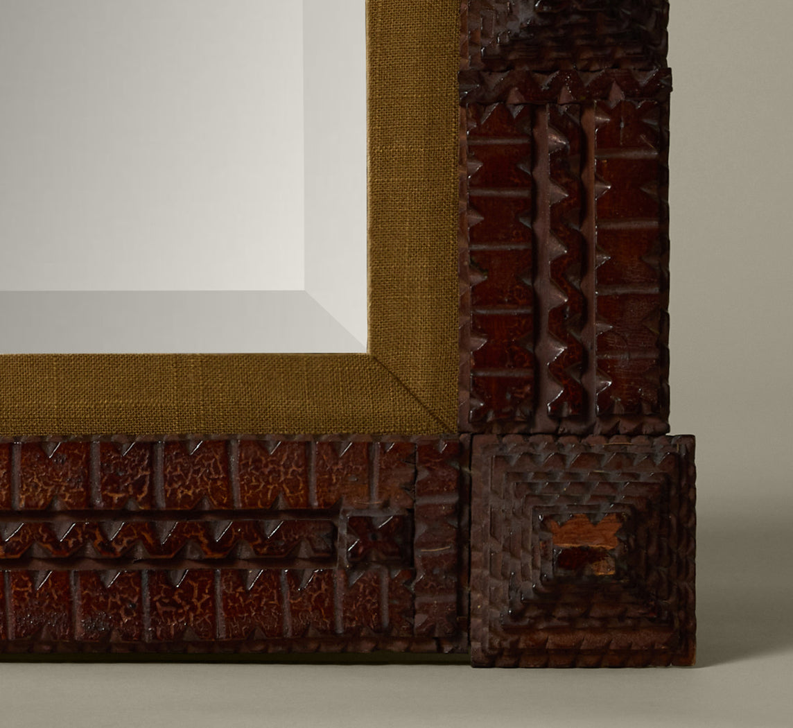 TRAMP ART MIRROR WITH SPIRES AND SEAWEED MAT