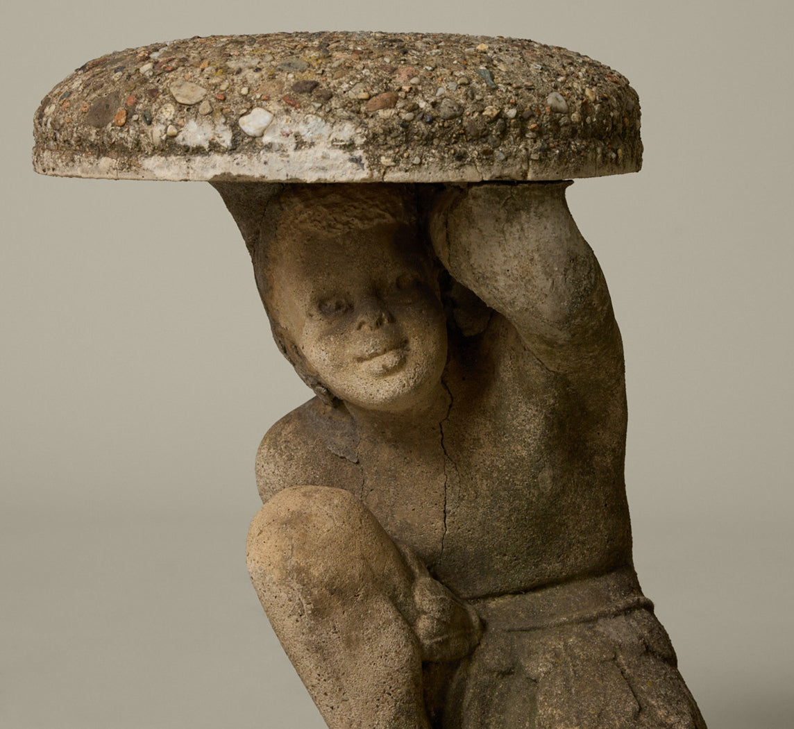 PAIR OF MID CENTURY FRENCH FIGURAL CAST STONE GARDEN TABLE WITH STONE AGGREGATE TOPS