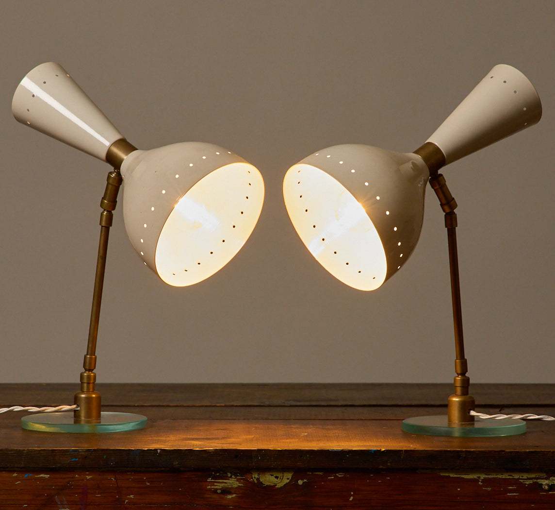 PAIR OF 1950S ITALIAN WHITE ENAMEL DIABLO TABLE LAMPS
