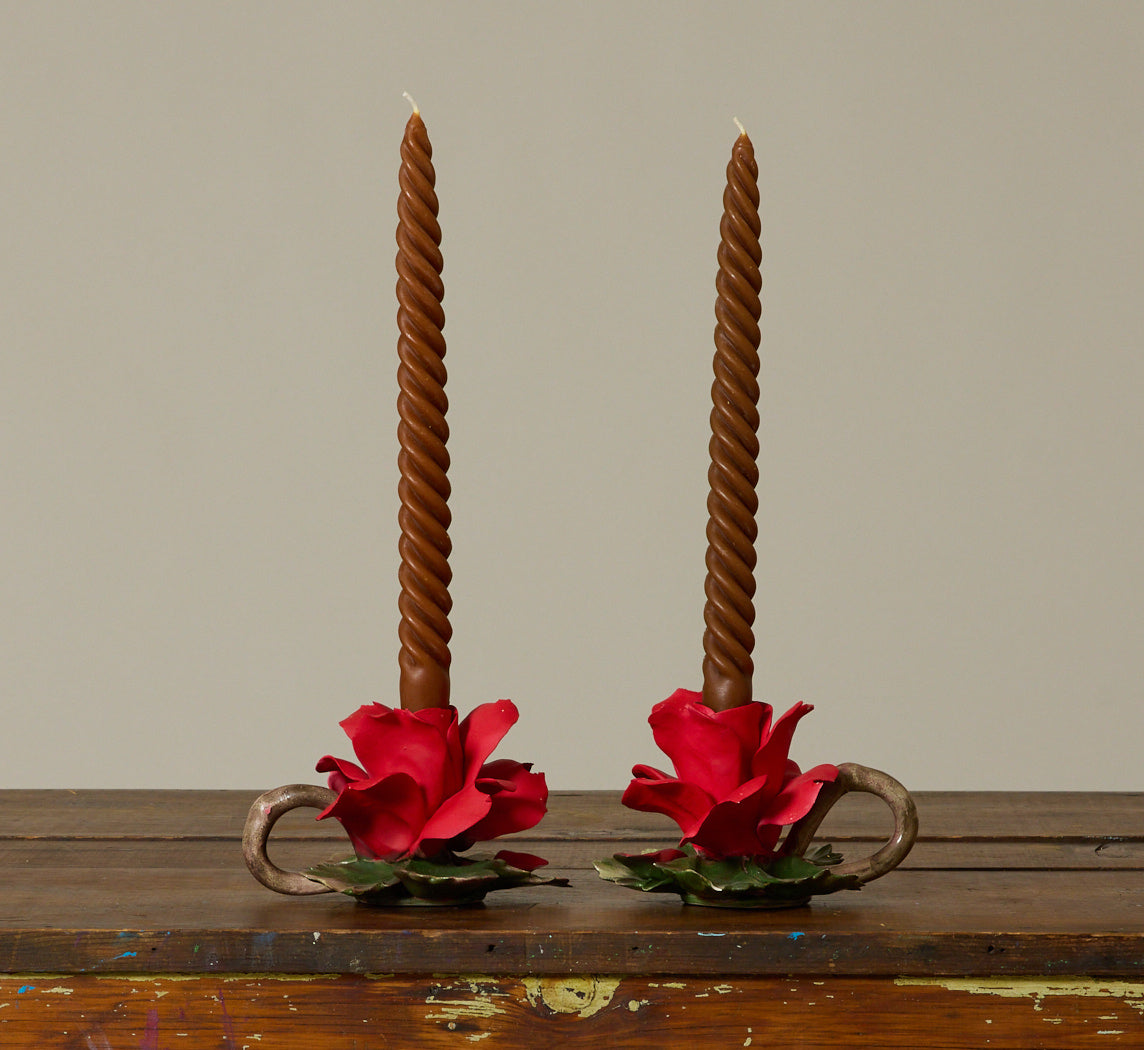 PAIR OF VINTAGE ITALIAN PORCELAIN RED ROSE CANDLESTICK HOLDERS