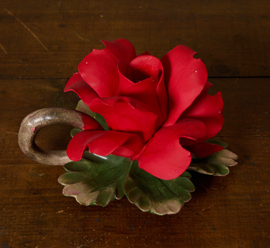 PAIR OF VINTAGE ITALIAN PORCELAIN RED ROSE CANDLESTICK HOLDERS