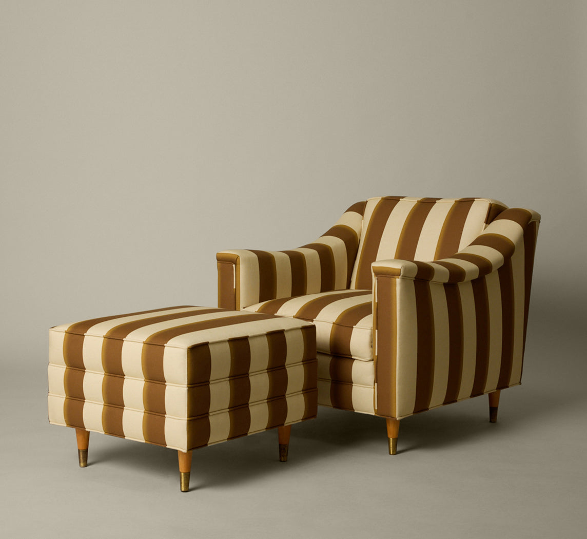 MID CENTURY MODERN ARMCHAIR & OTTOMAN IN PIERCE & WARD PALERMO STRIPE