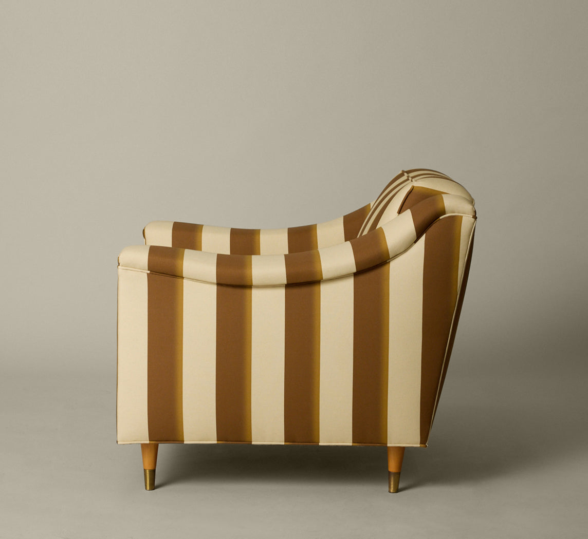 MID CENTURY MODERN ARMCHAIR & OTTOMAN IN PIERCE & WARD PALERMO STRIPE