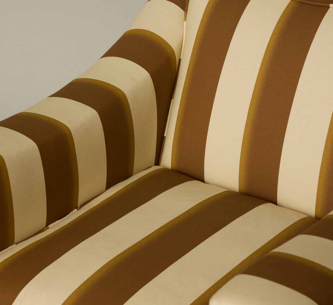 MID CENTURY MODERN ARMCHAIR & OTTOMAN IN PIERCE & WARD PALERMO STRIPE