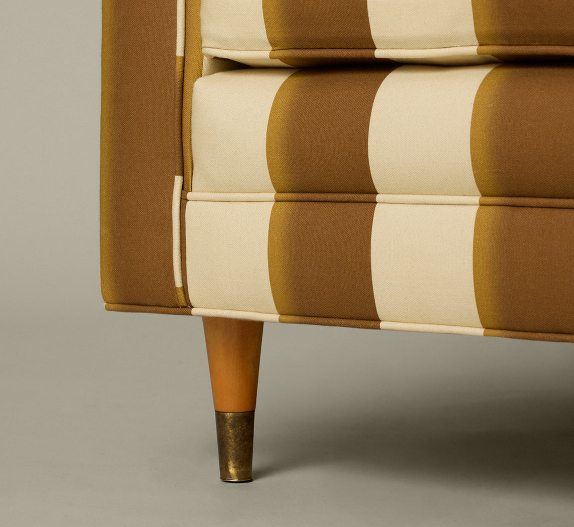 MID CENTURY MODERN ARMCHAIR & OTTOMAN IN PIERCE & WARD PALERMO STRIPE