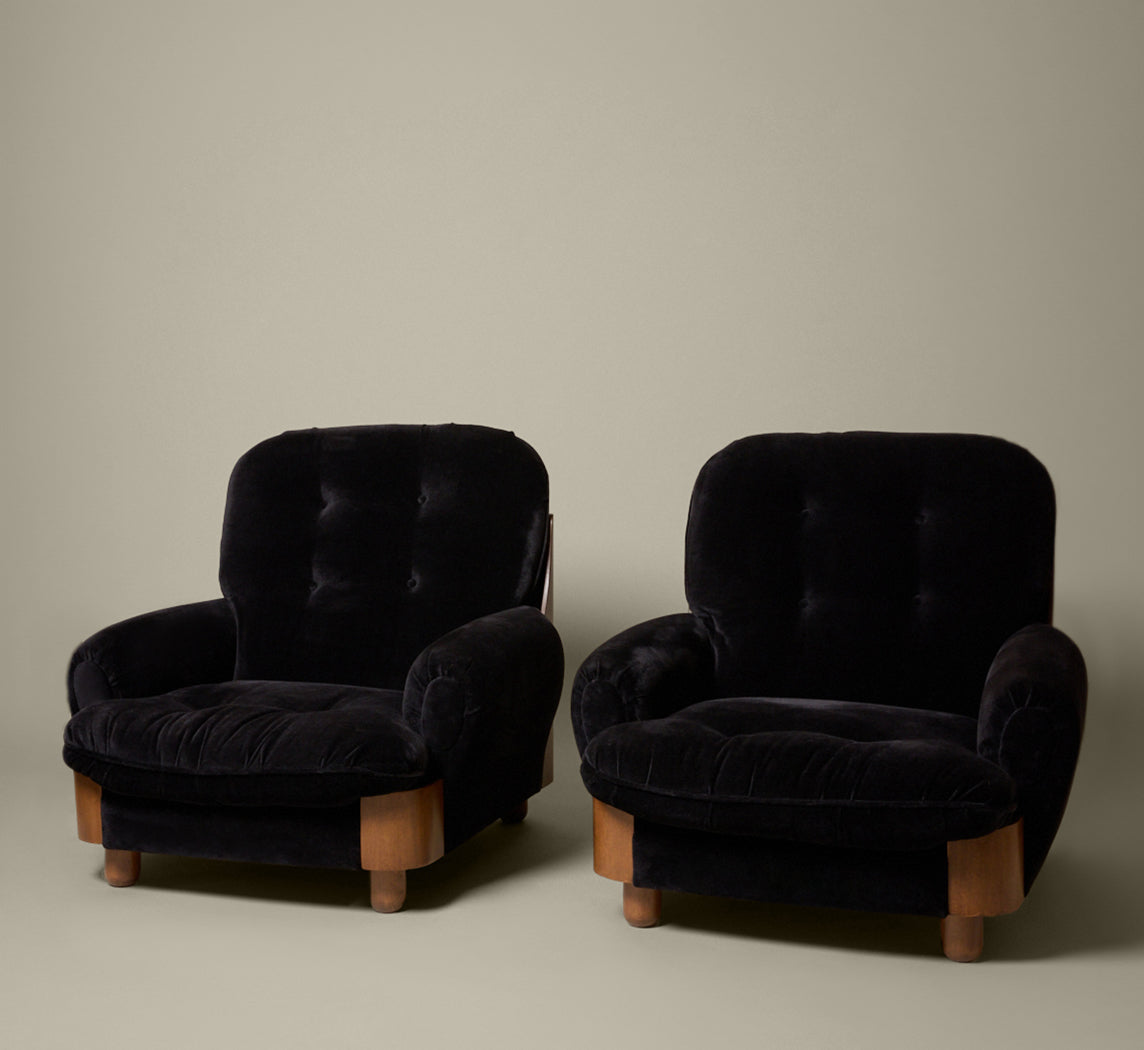 1960S ITALIAN MOHAIR & WALNUT ARMCHAIRS