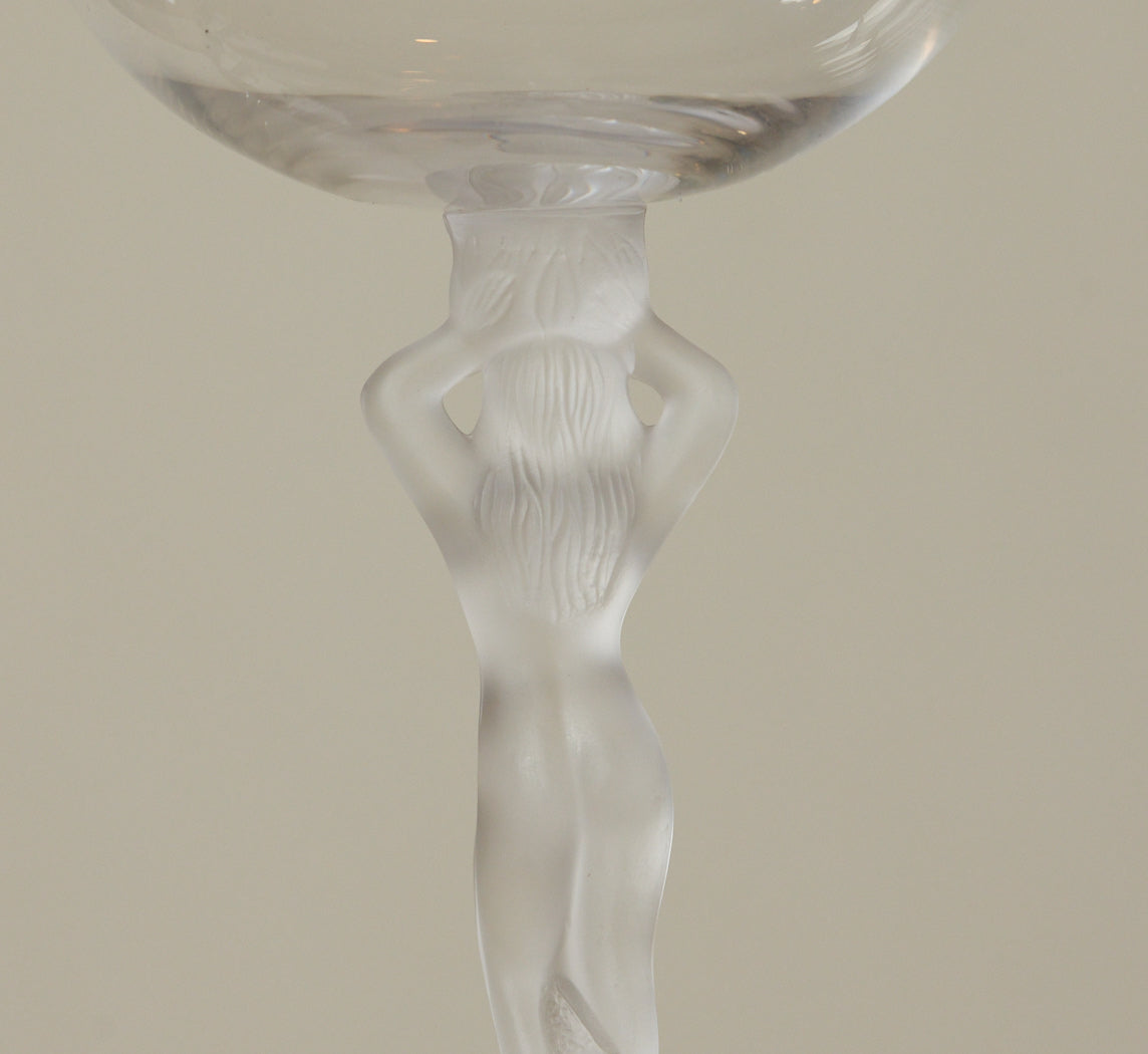 SET OF 8 ART DECO CRYSTAL WINE GLASSES WITH FROSTED FIGURAL STEM BY BAYEL FRANCE