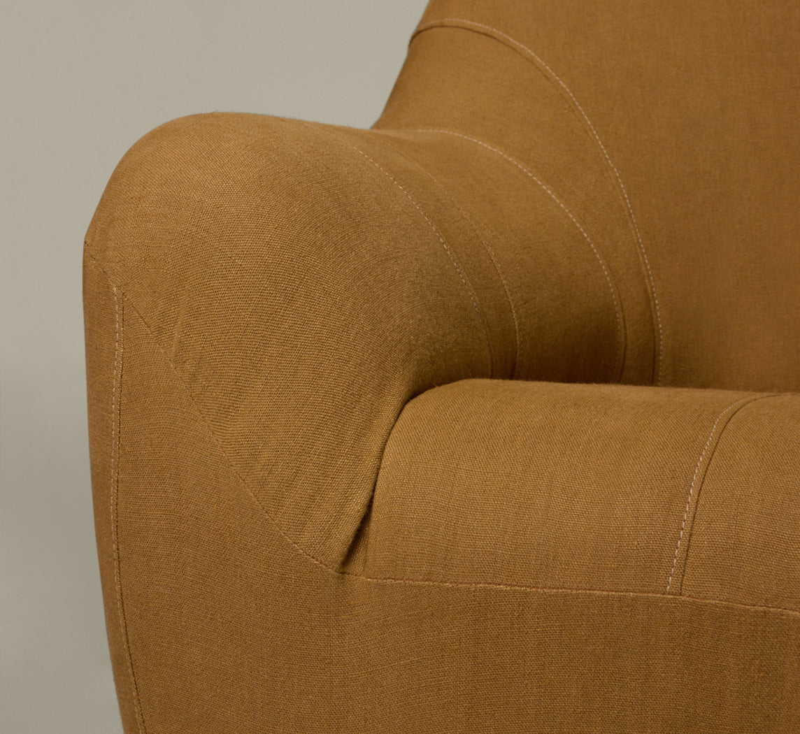 PAIR OF 1970S DUTCH LOUNGE CHAIRS IN TURMERIC LINEN