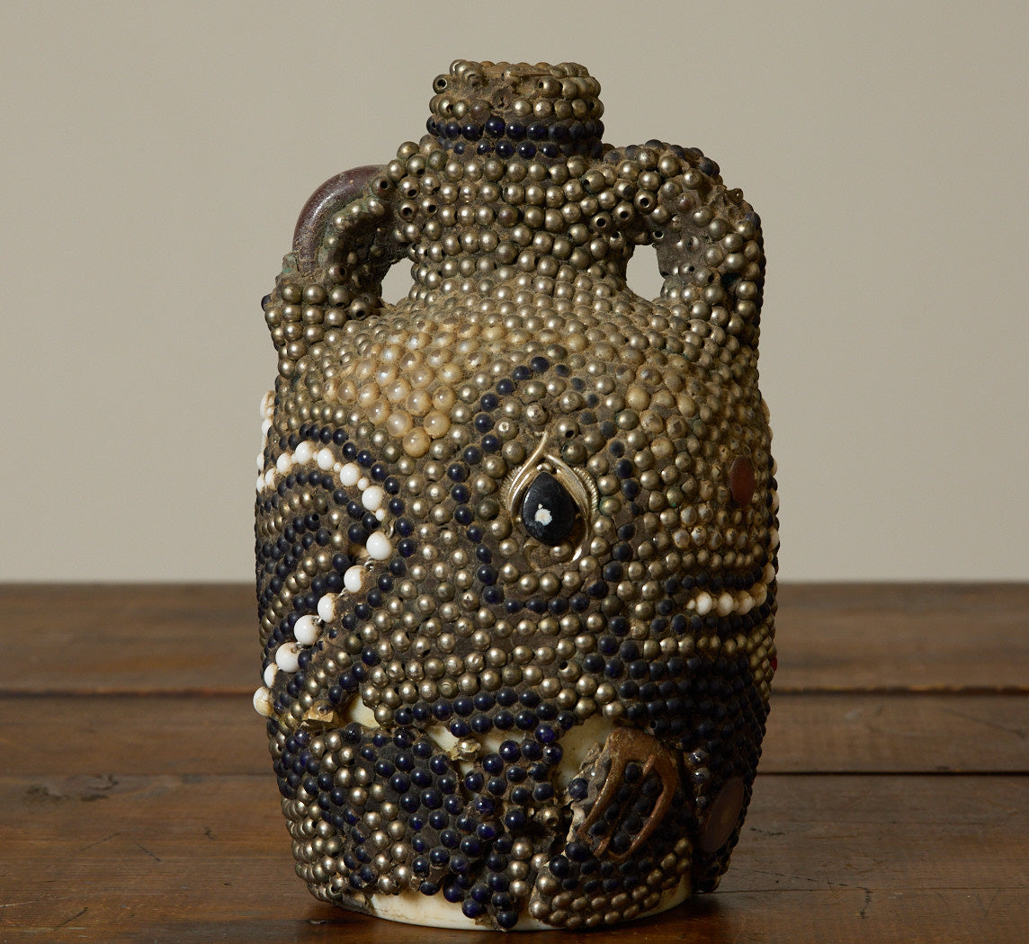 UNIQUE 20TH CENTURY FOLK ART MEMORY JUG WITH PEARL BEADS