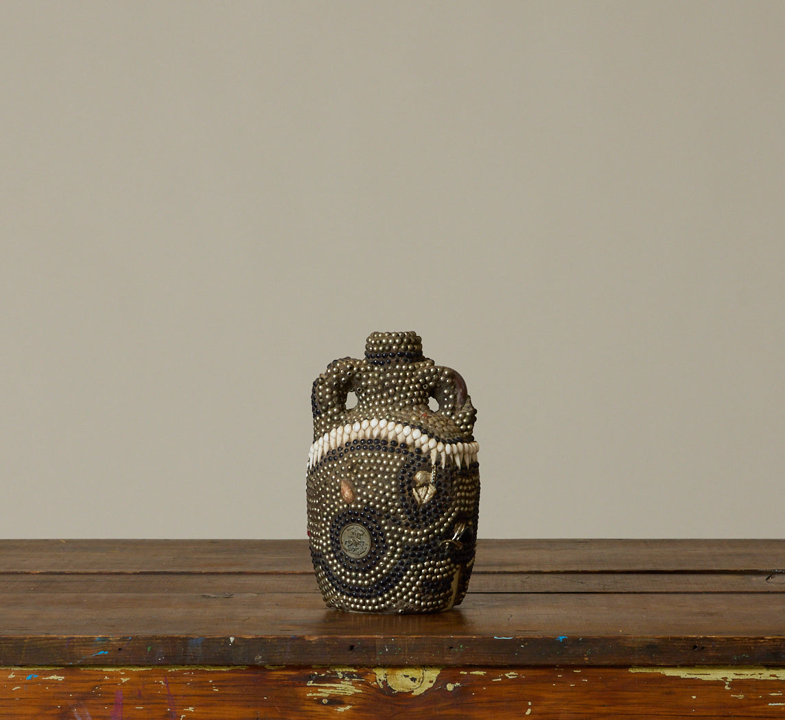 UNIQUE 20TH CENTURY FOLK ART MEMORY JUG WITH PEARL BEADS