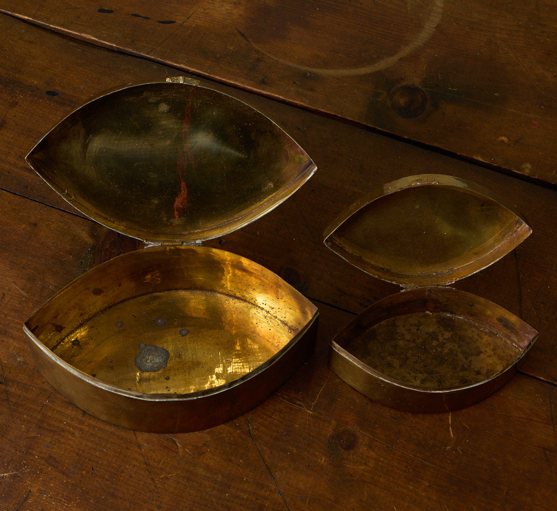 PAIR OF MIDCENTURY BRASS NAVETTE SHAPED TRINKET BOXES