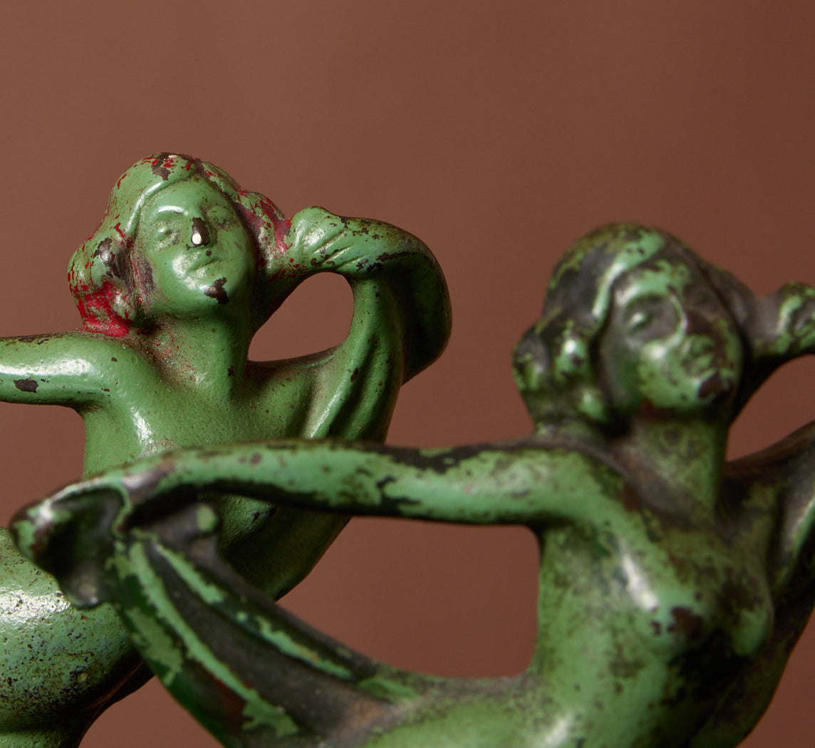 PAIR OF ART NOUVEAU VERDIGRIS DANCING NYMPH BOOKENDS