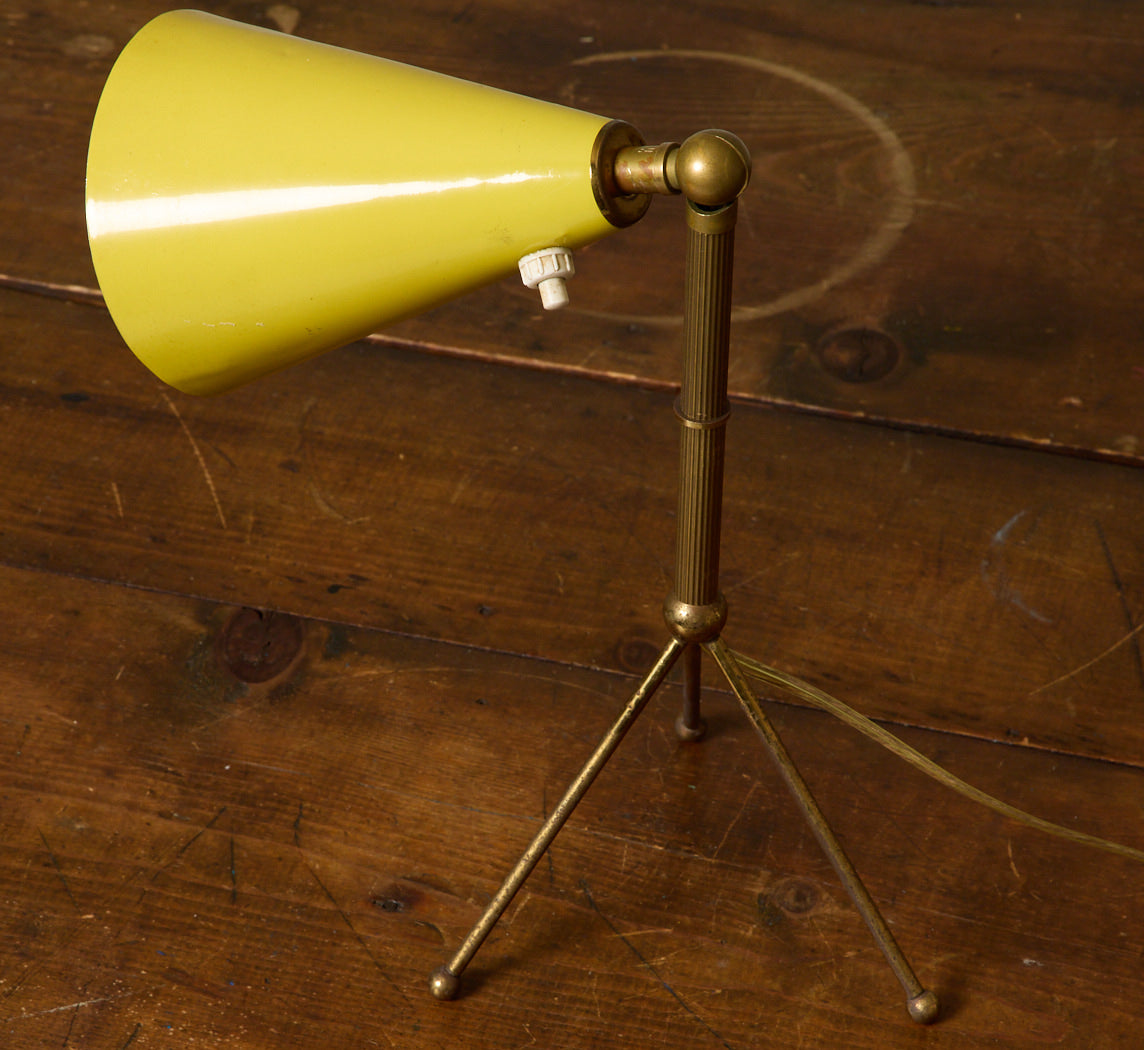 MIDCENTURY ITALIAN YELLOW & BRASS TRIPOD TABLE LAMP